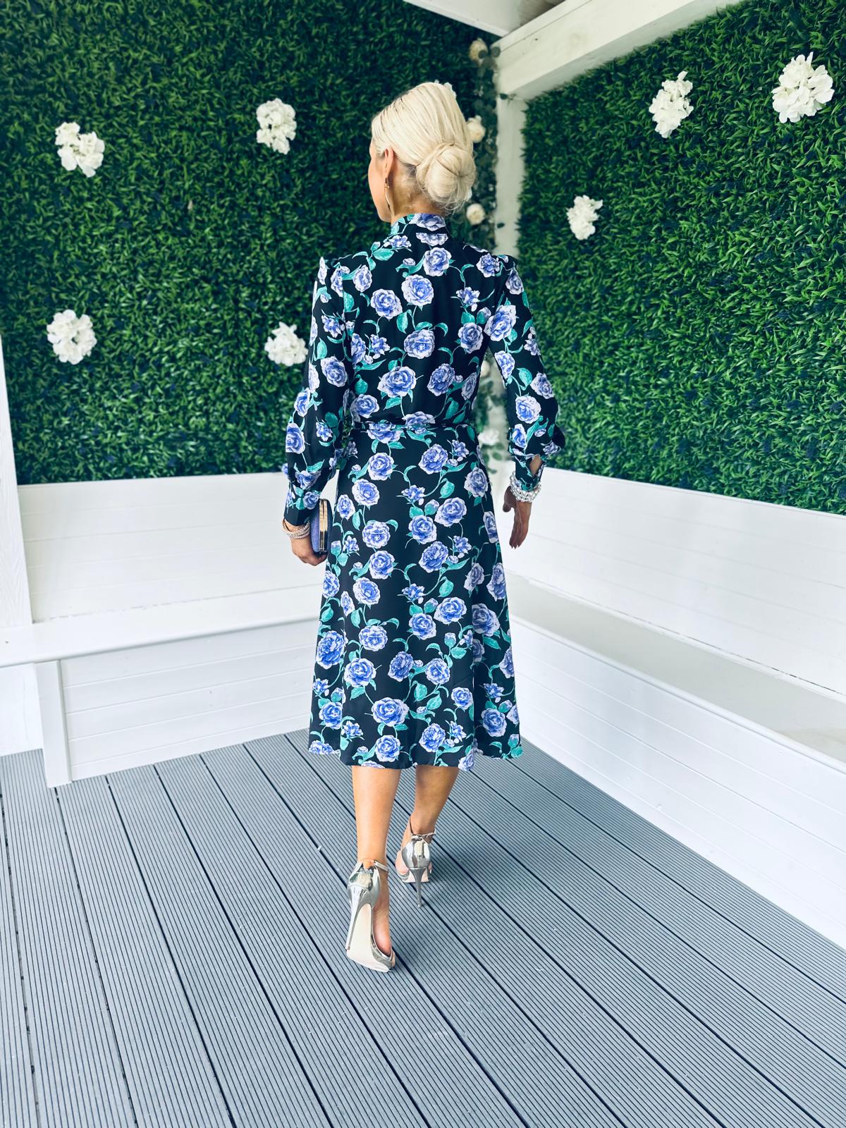 Lily Wrap Midi Dress Floral Black Blue