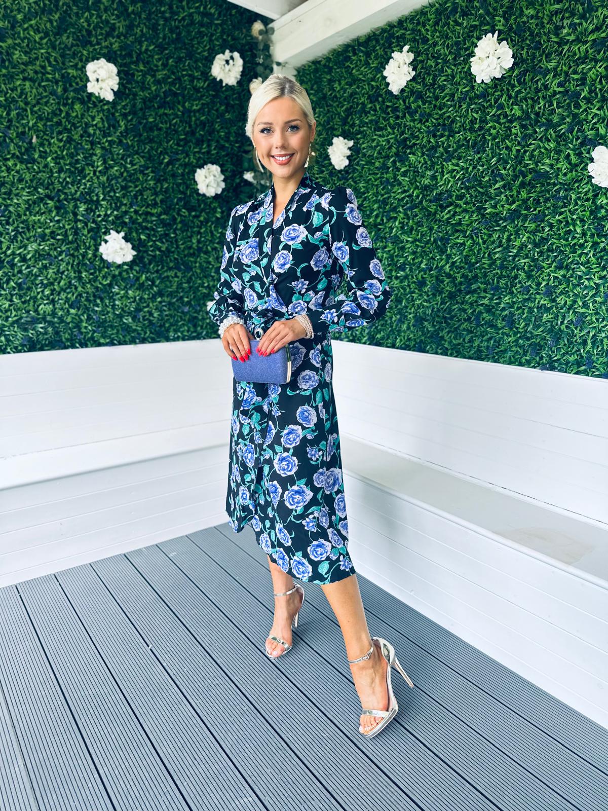 Lily Wrap Midi Dress Floral Black Blue