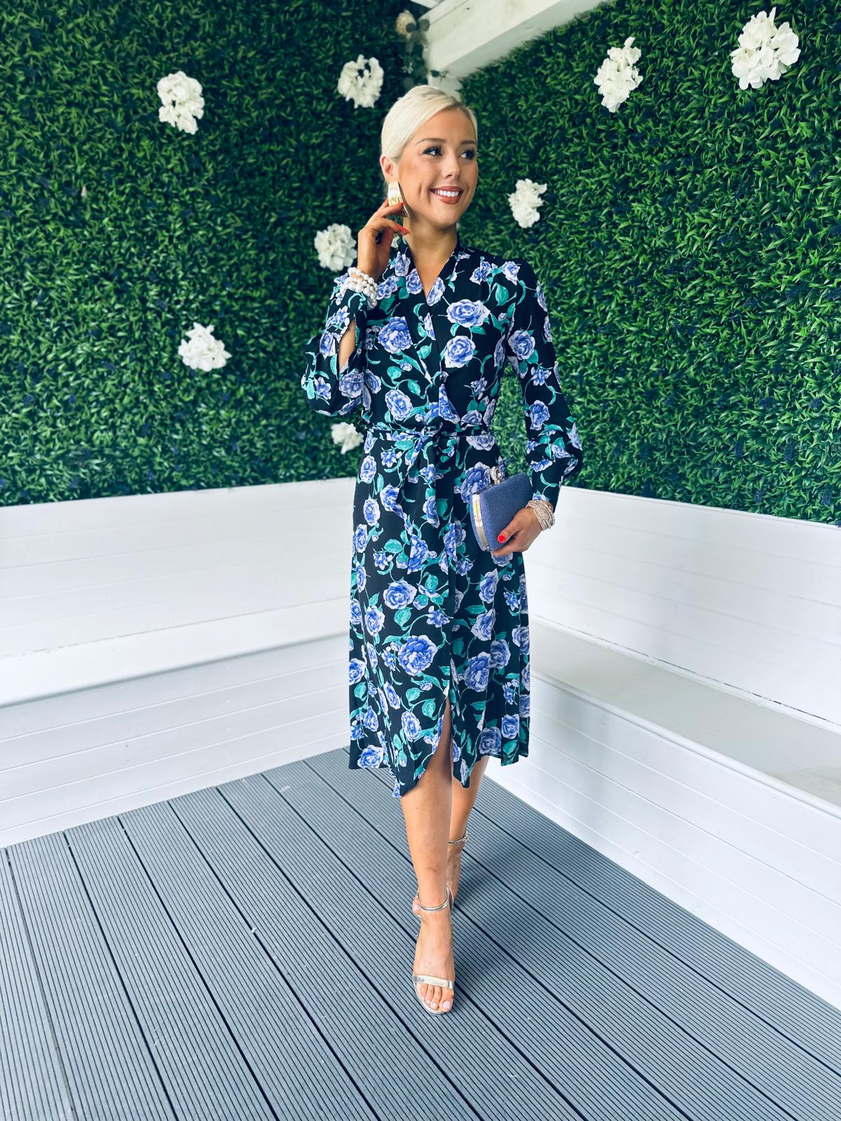 Lily Wrap Midi Dress Floral Black Blue