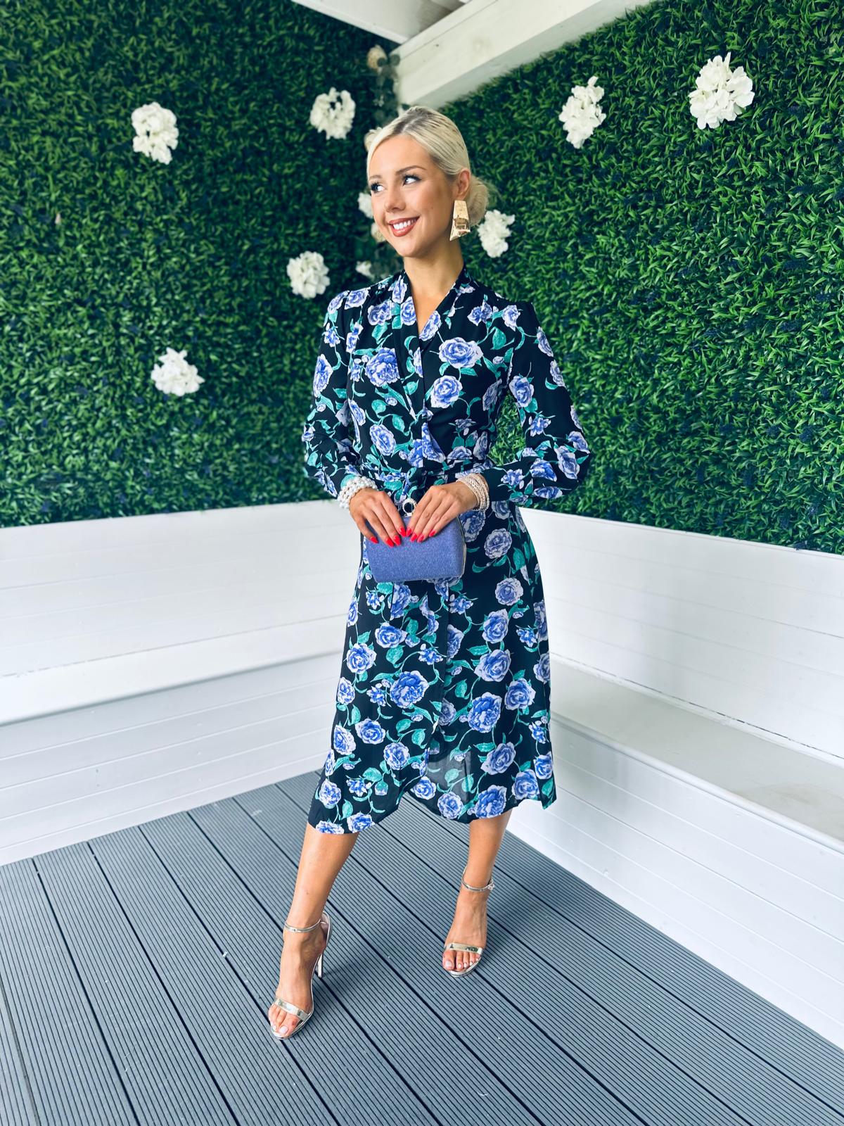 Lily Wrap Midi Dress Floral Black Blue