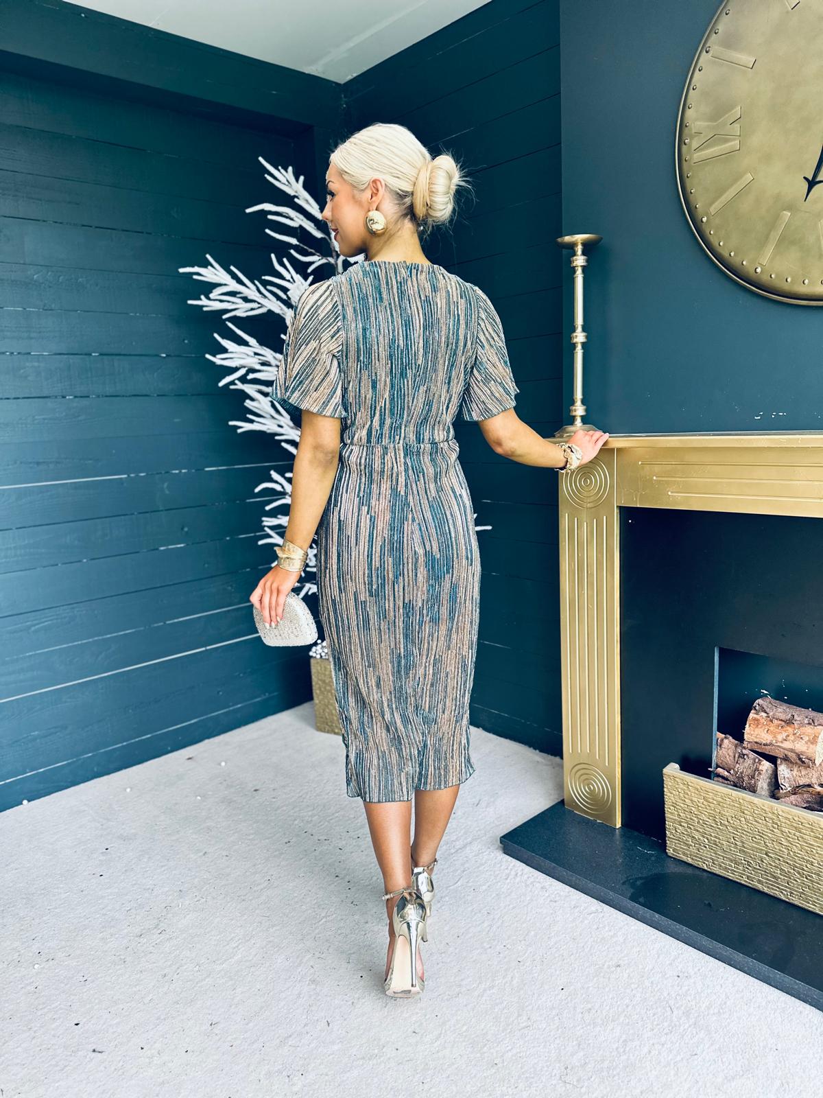 Isla Metallic Midi Dress Gold & Blue