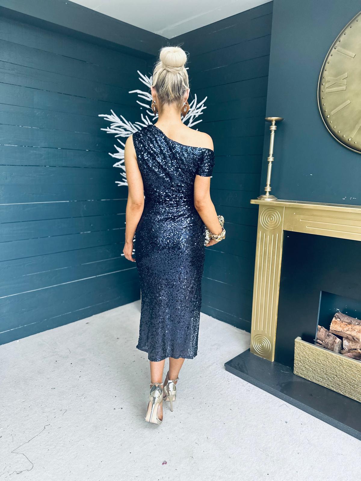 Donna Asymmetric Sequin Maxi Dress Navy