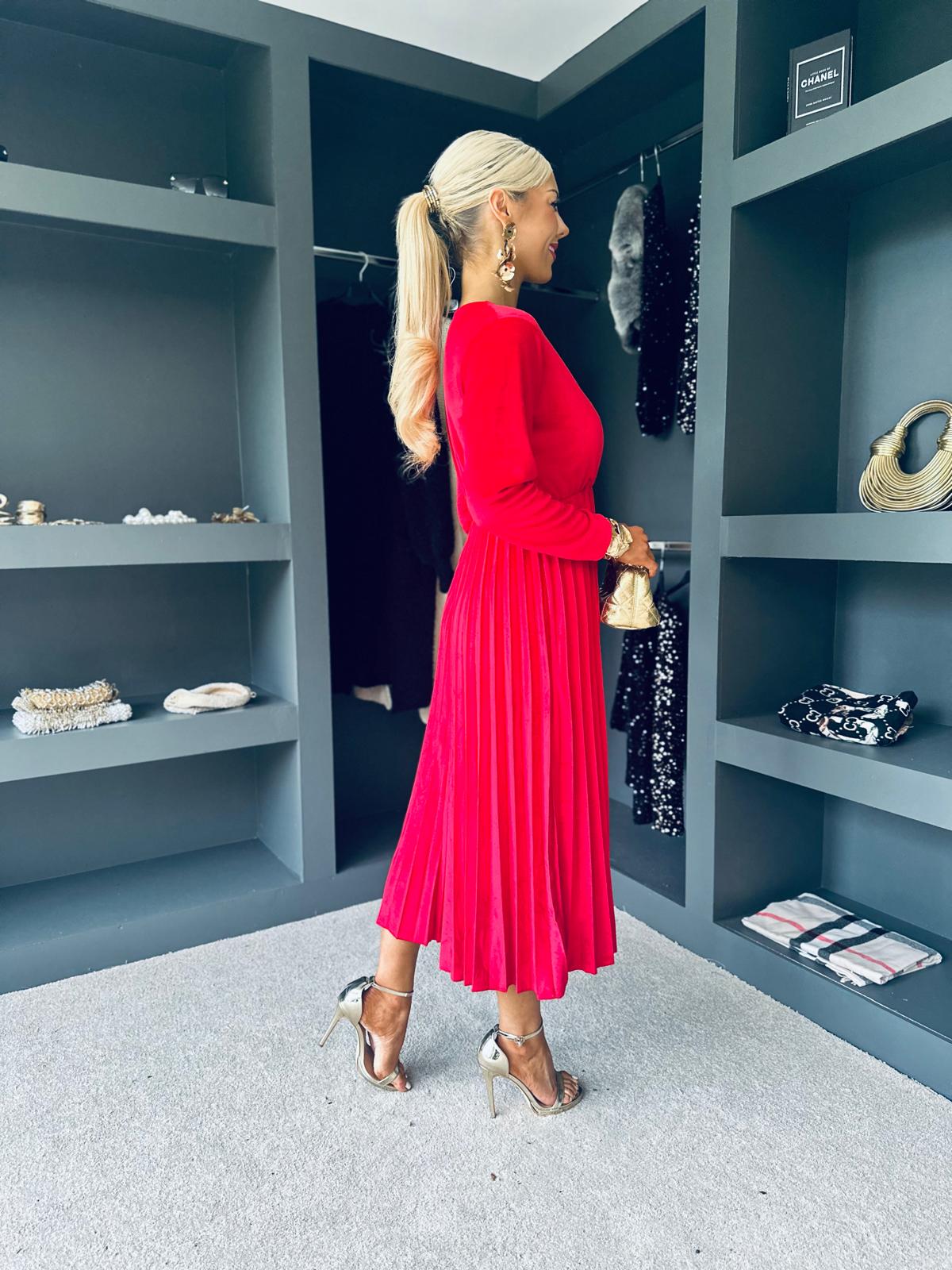 Riadh Pleated Velvet Dress Red