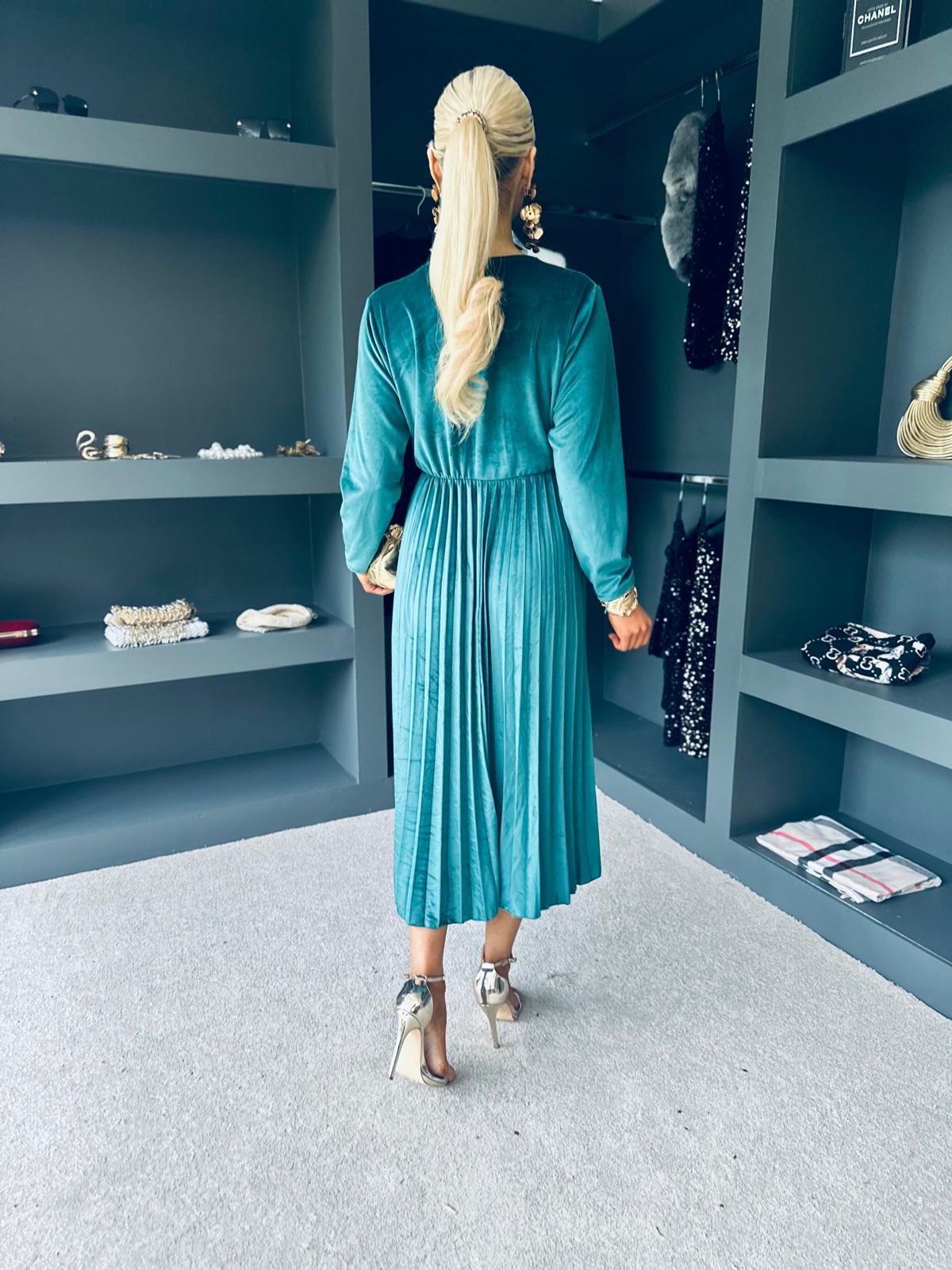 Riadh Pleated Velvet Dress Forest