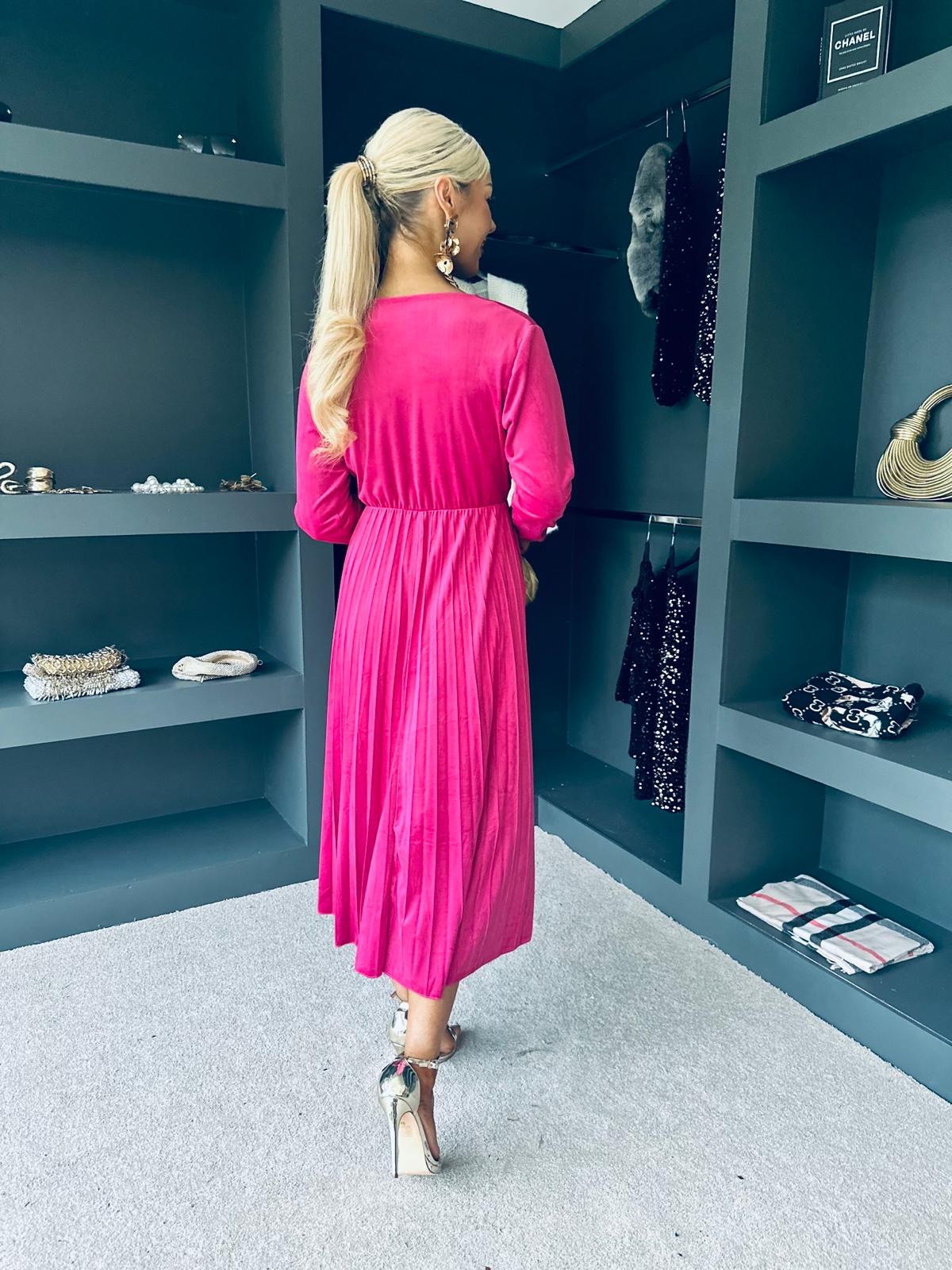 Riadh Pleated Velvet Dress Magenta