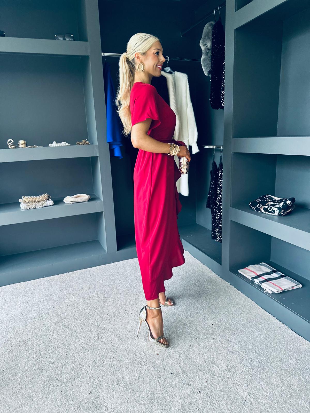 Farrah Split Hem Frill Detail Maxi Dress Wine