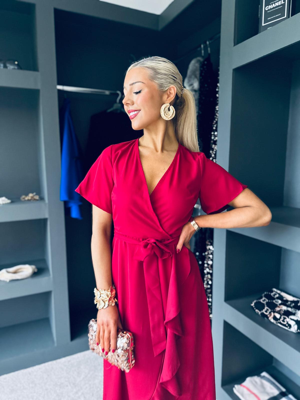 Farrah Split Hem Frill Detail Maxi Dress Wine