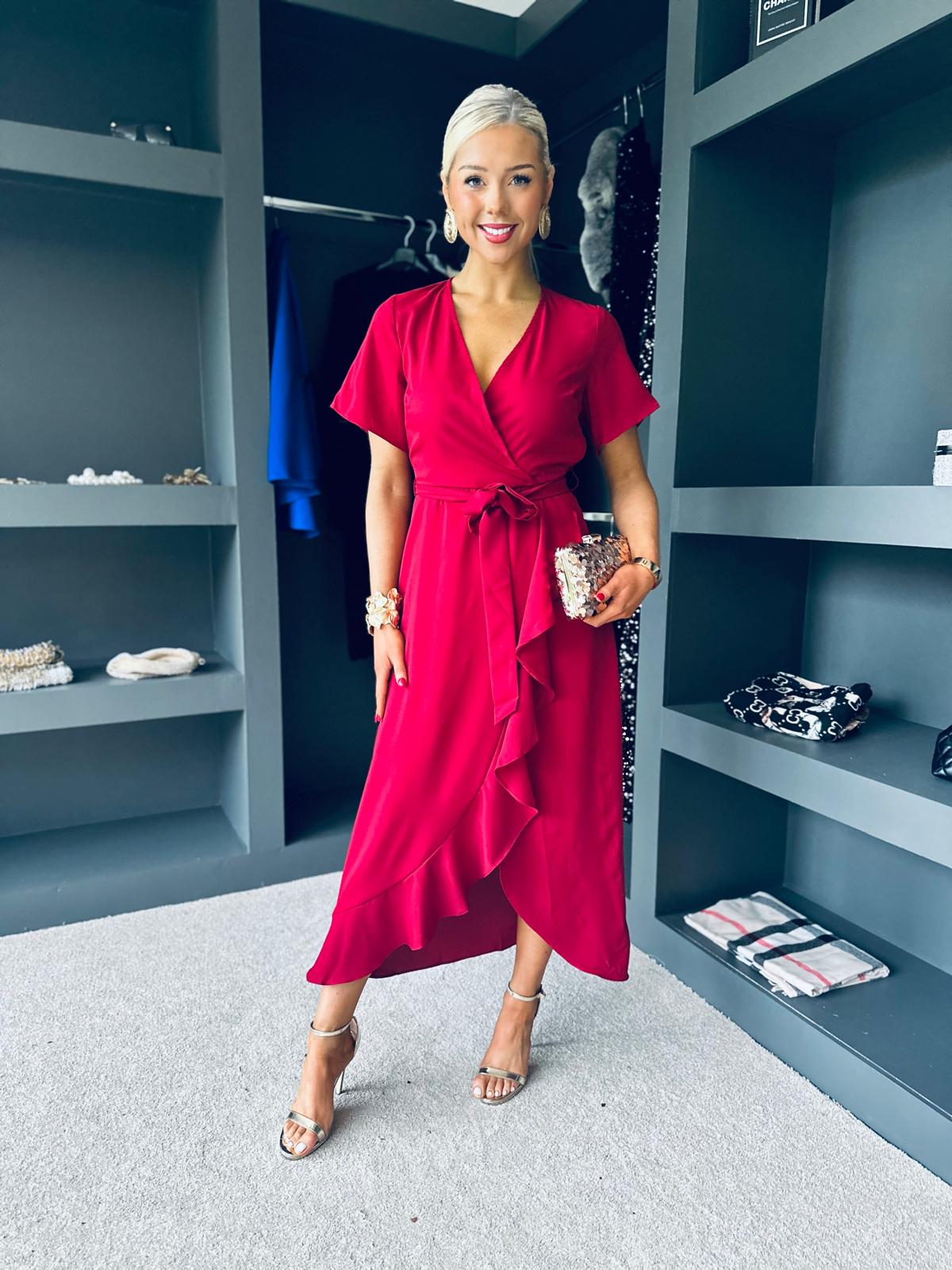 Farrah Split Hem Frill Detail Maxi Dress Wine