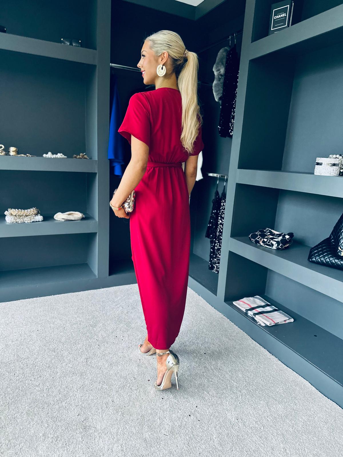 Farrah Split Hem Frill Detail Maxi Dress Wine
