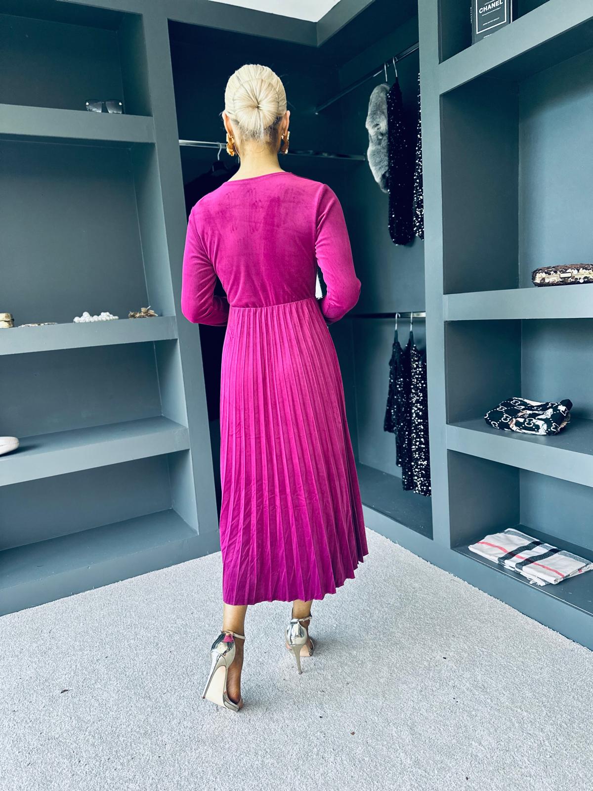 Riadh Pleated Velvet Dress Plum