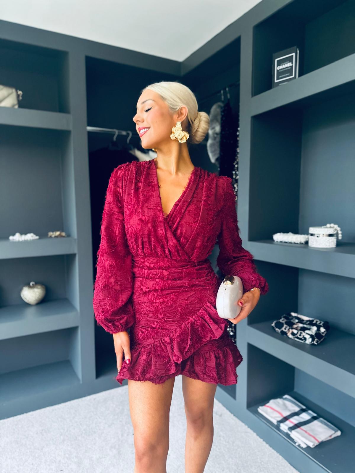 Opal Gathered Mini Dress Burgundy