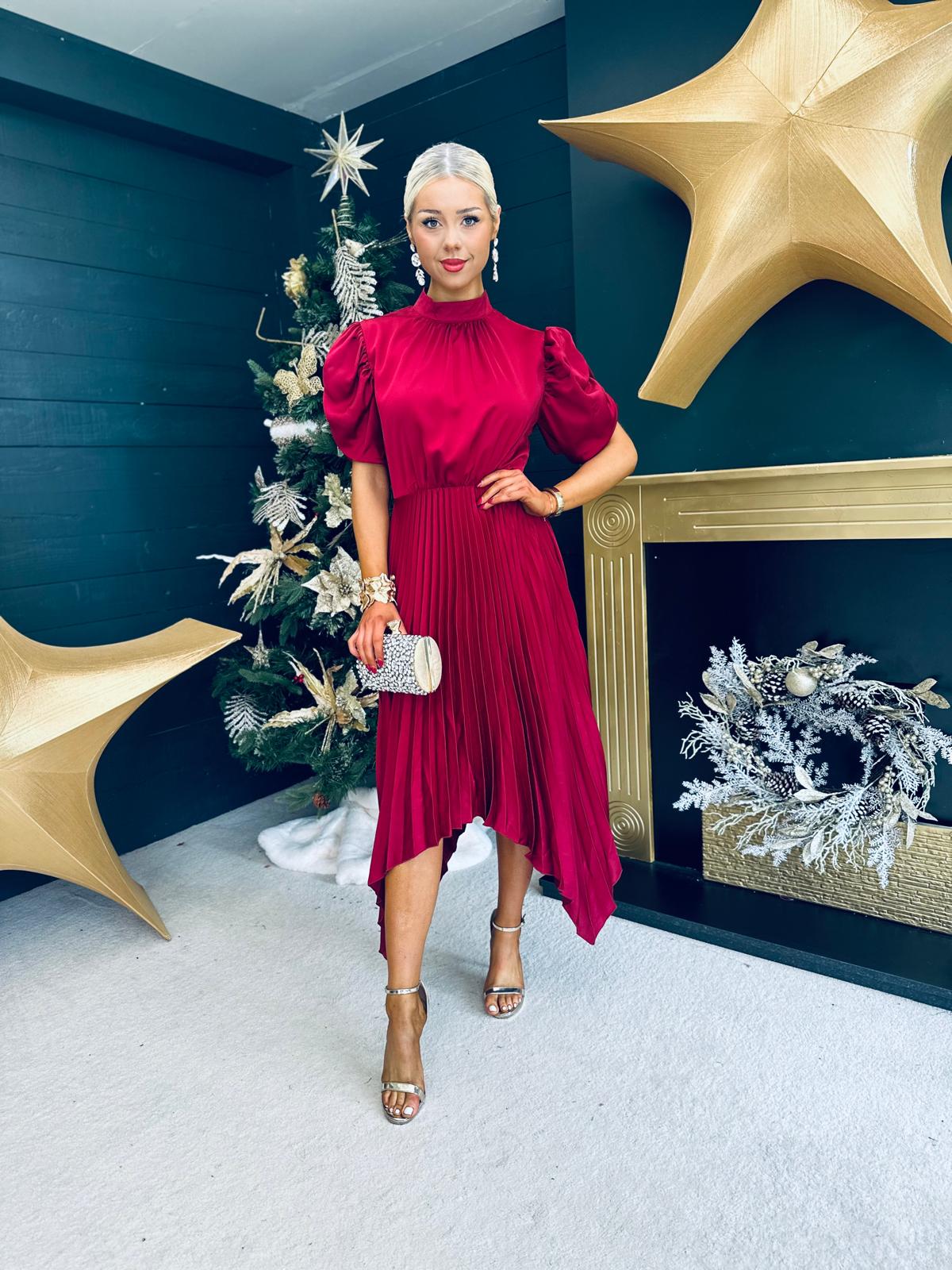 Delia Pleated Zig Zag Hem Midi Dress Wine