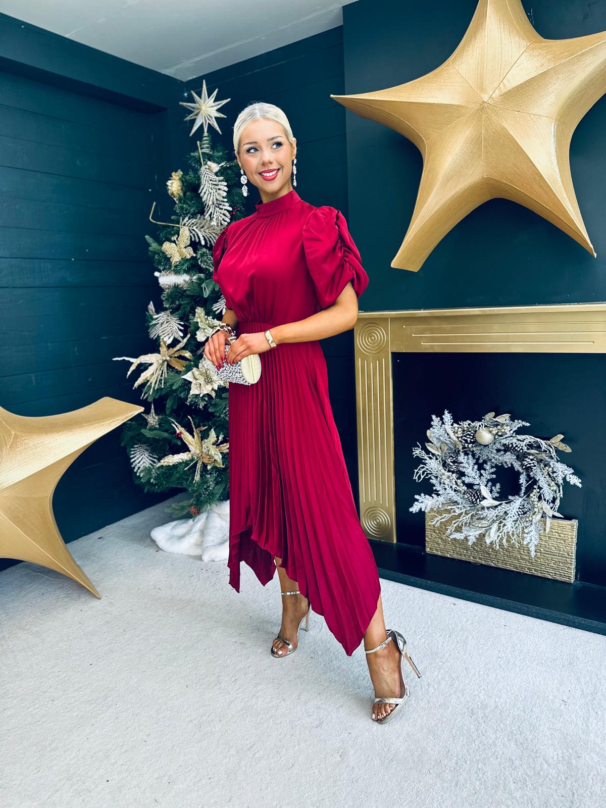 Delia Pleated Zig Zag Hem Midi Dress Wine
