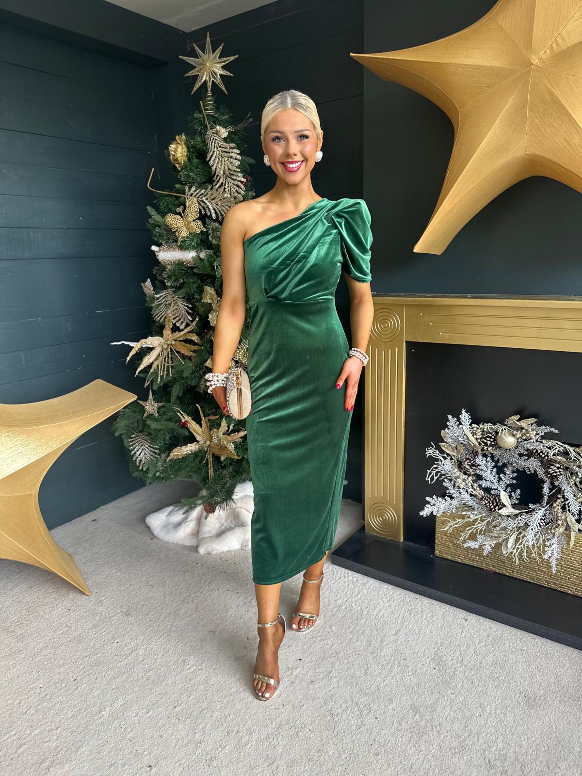 green emerald velvet dress Katie - V Neck Tea Dress