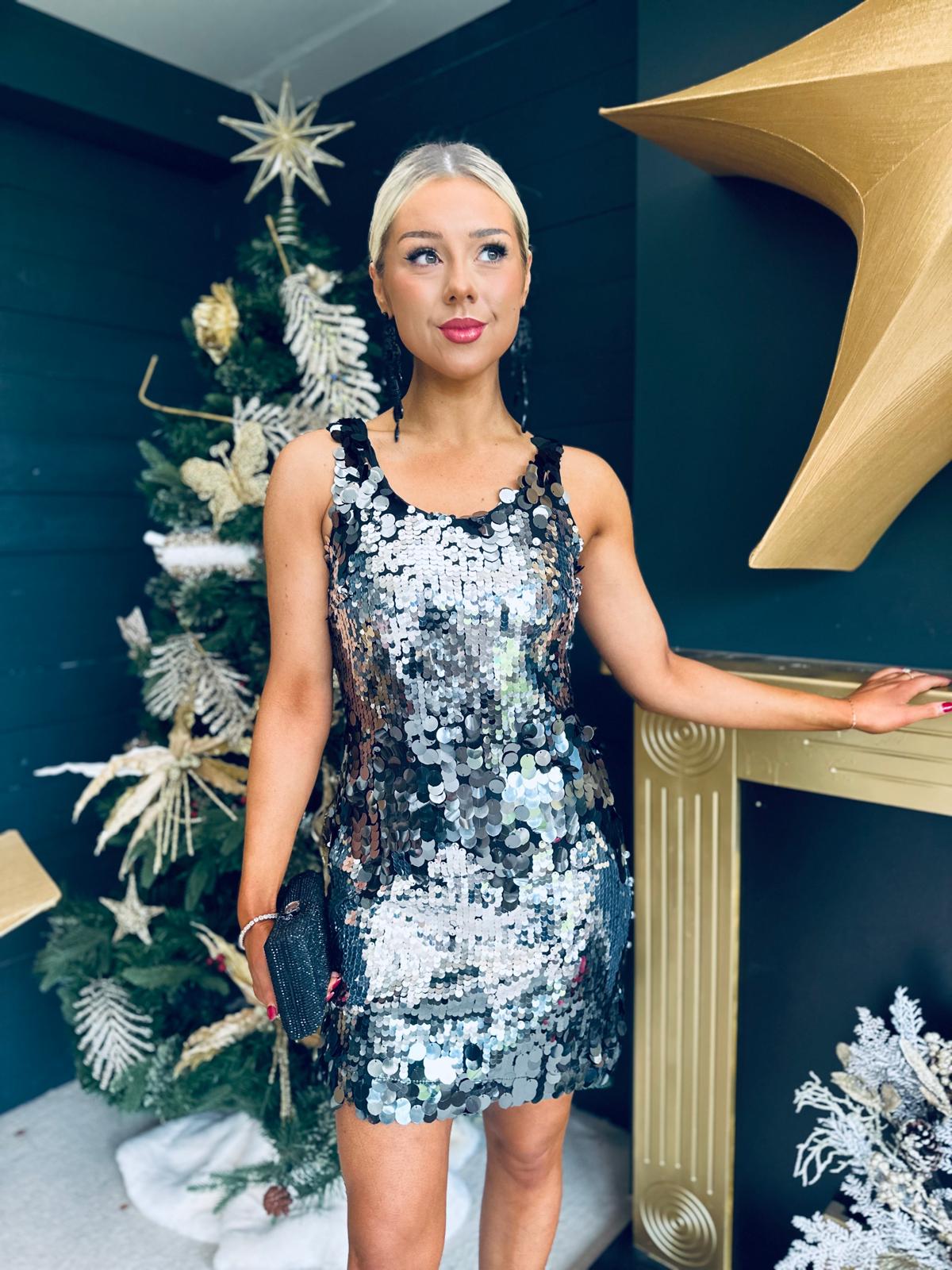 Abi Large Sequin Detail Mini Dress Silver