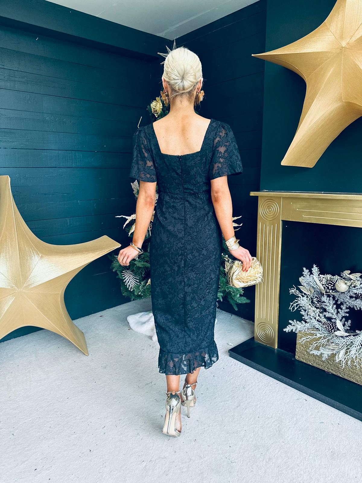 Heidi Floral Burnout Ruched Midi Dress Black