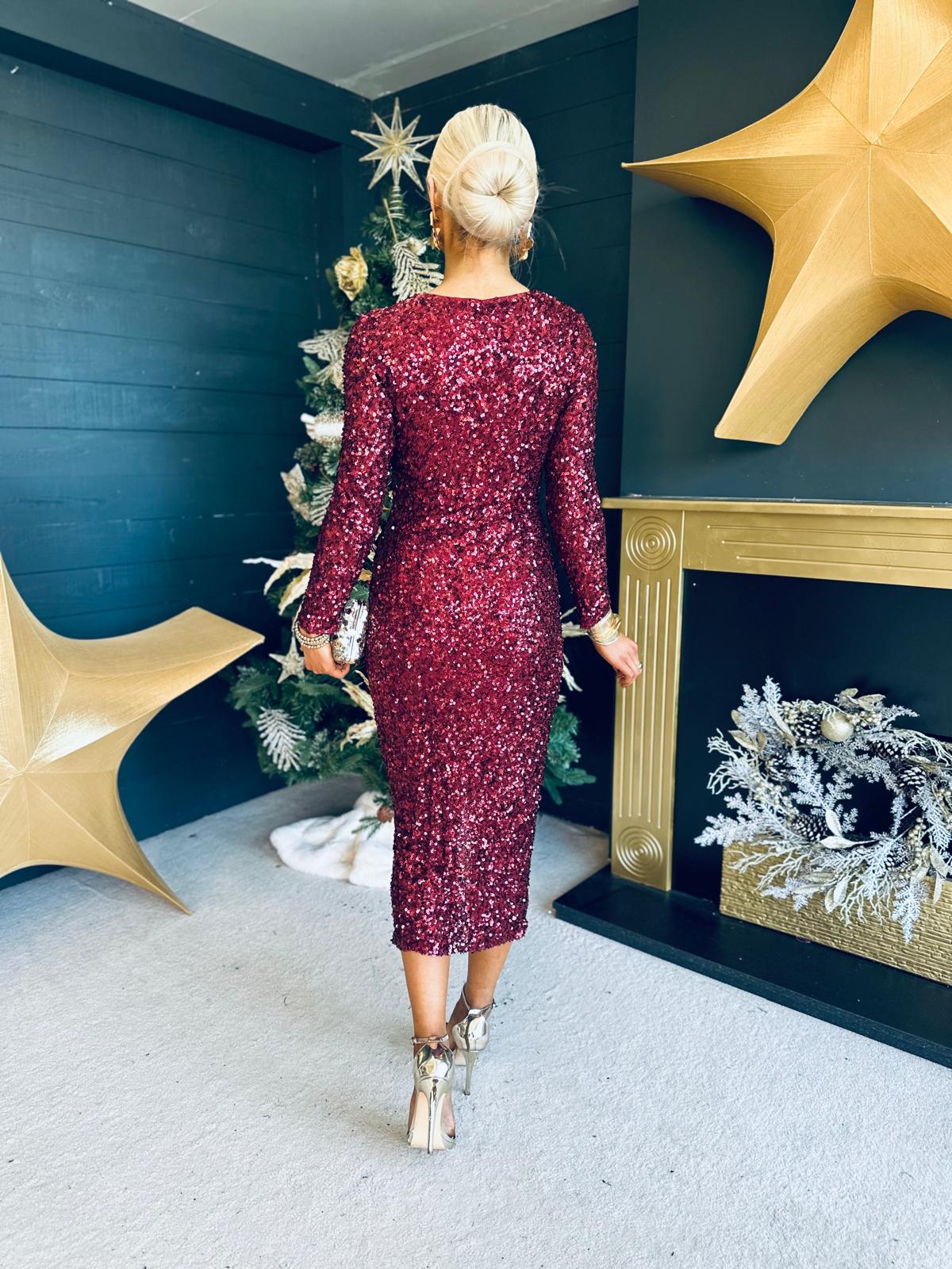 Celia Sequin Midi Dress Wine