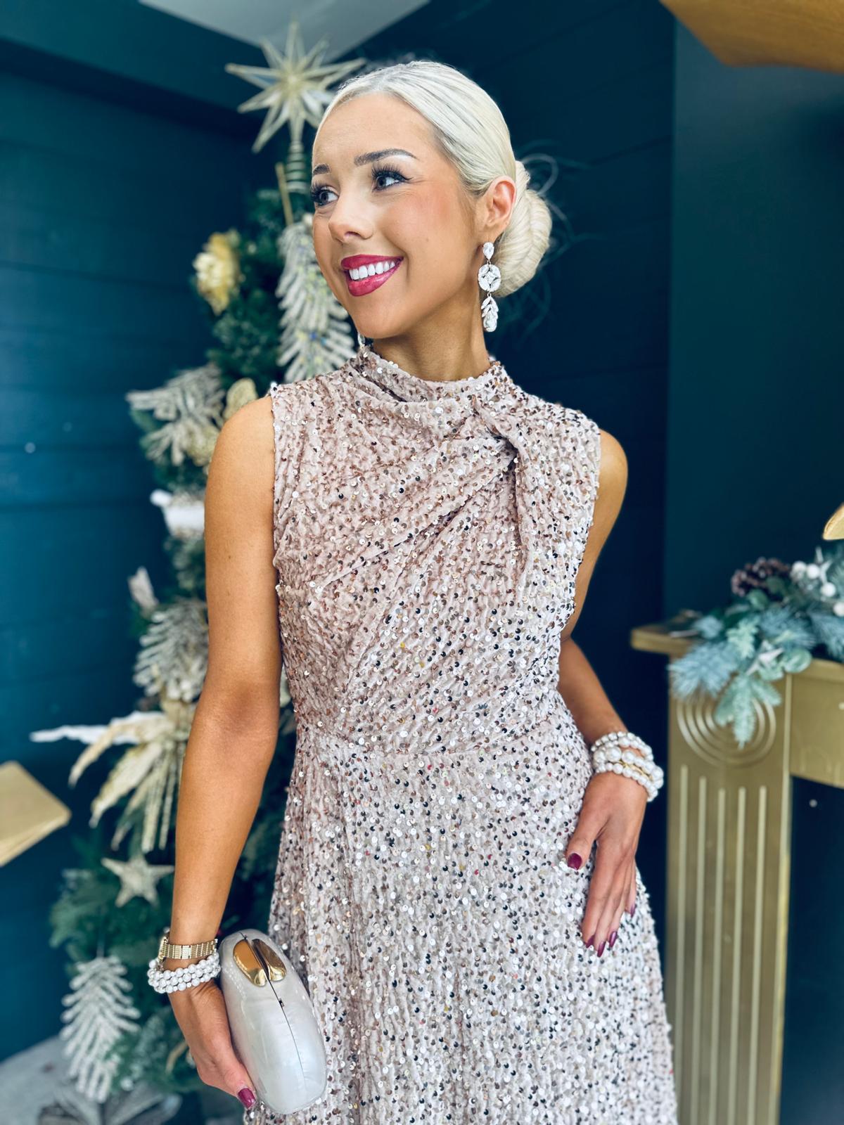 Kasey Gathered Occasion Dress Beige