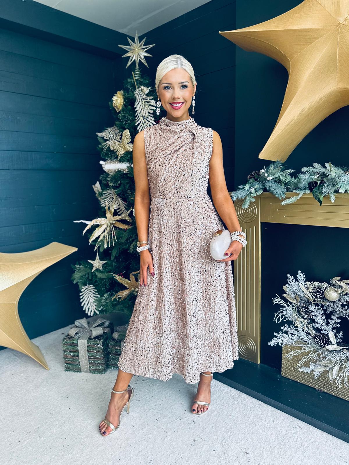 Kasey Gathered Occasion Dress Beige
