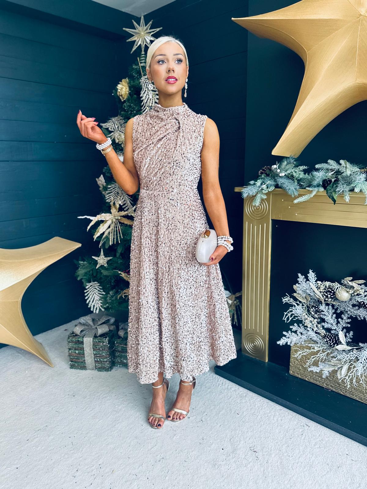 Kasey Gathered Occasion Dress Beige
