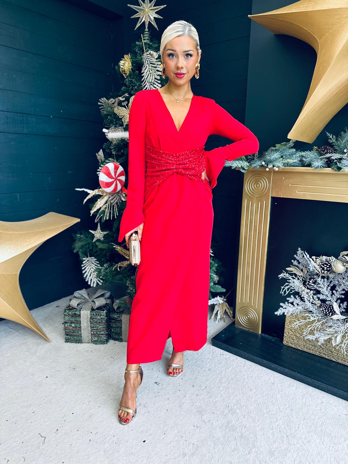 Cassandra Sequin Detail Occasion Dress Red