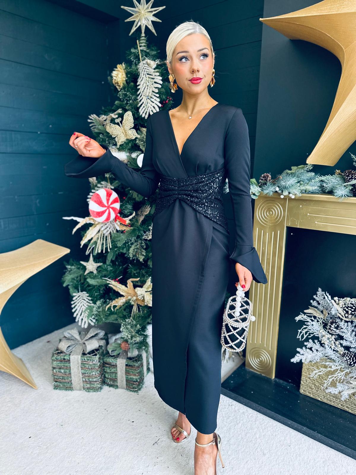 Cassandra Sequin Detail Occasion Dress Black