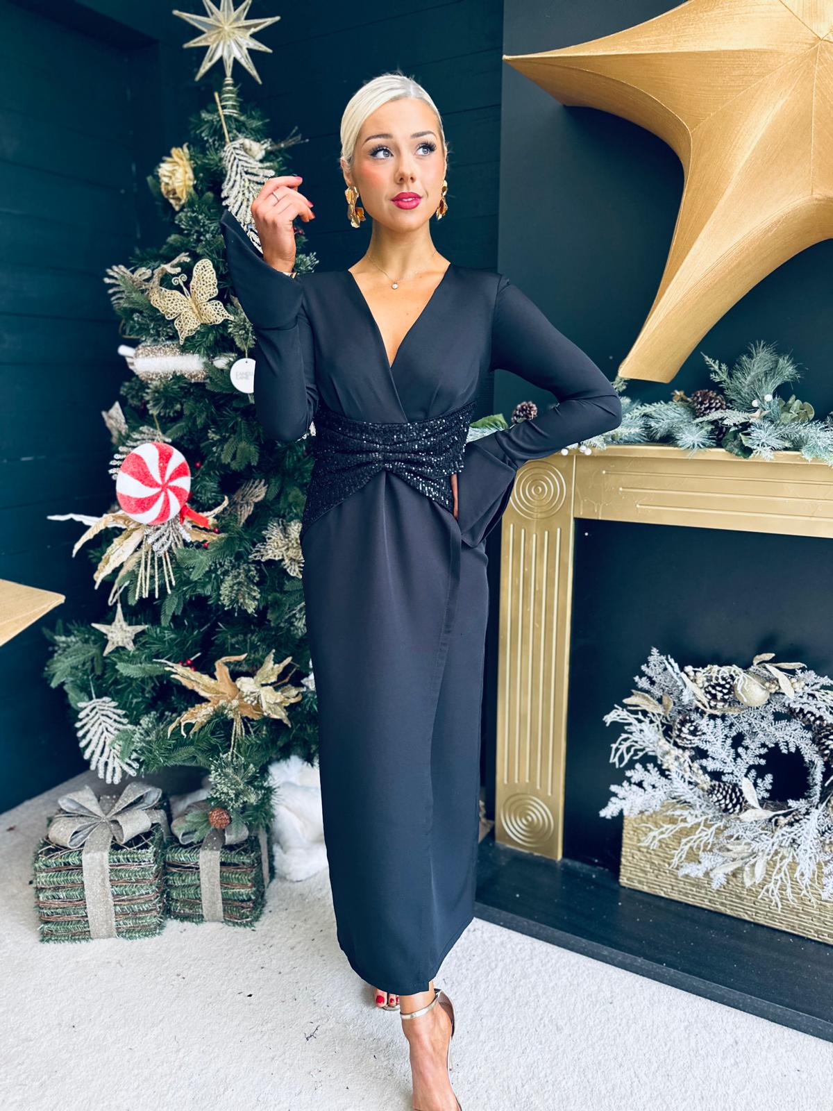 Cassandra Sequin Detail Occasion Dress Black