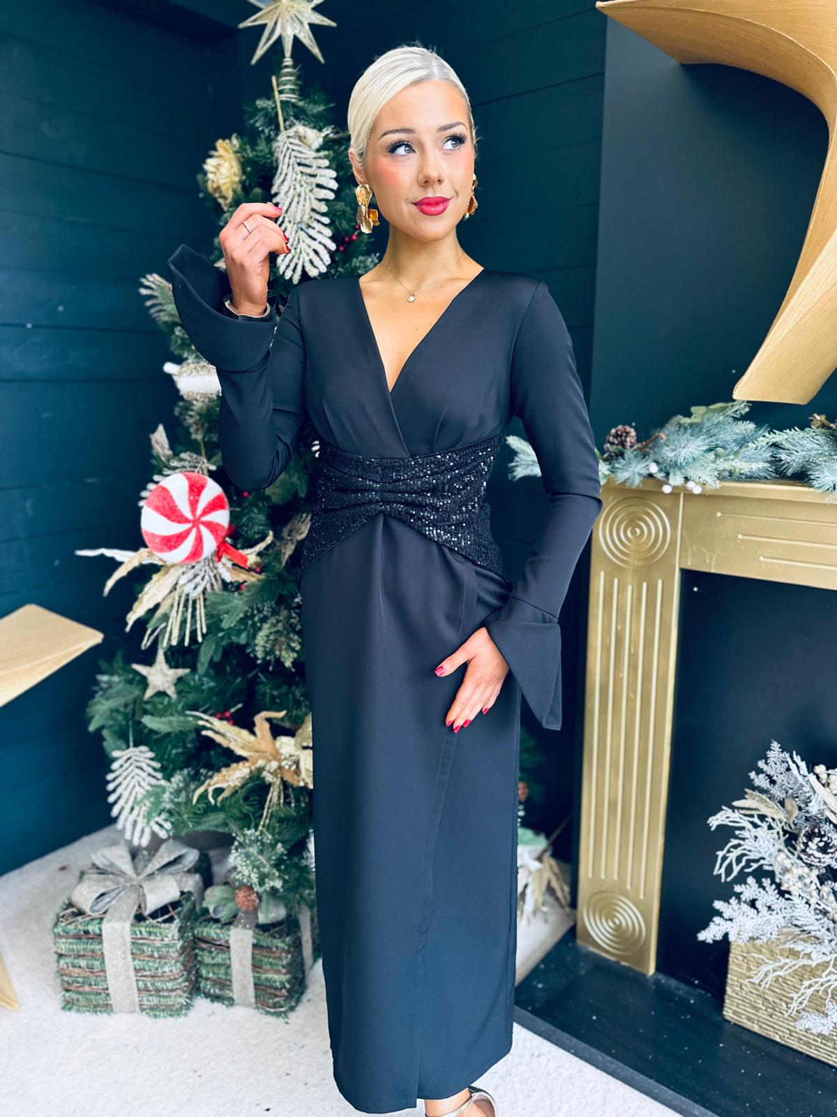 Cassandra Sequin Detail Occasion Dress Black