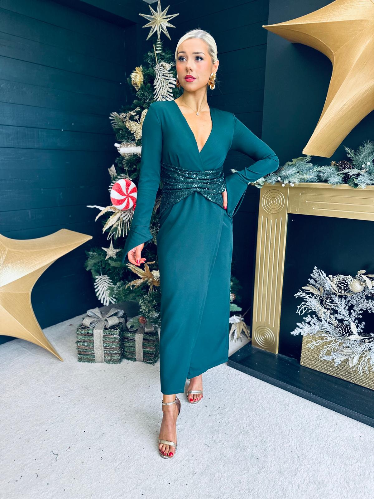 Cassandra Sequin Detail Occasion Dress Forest