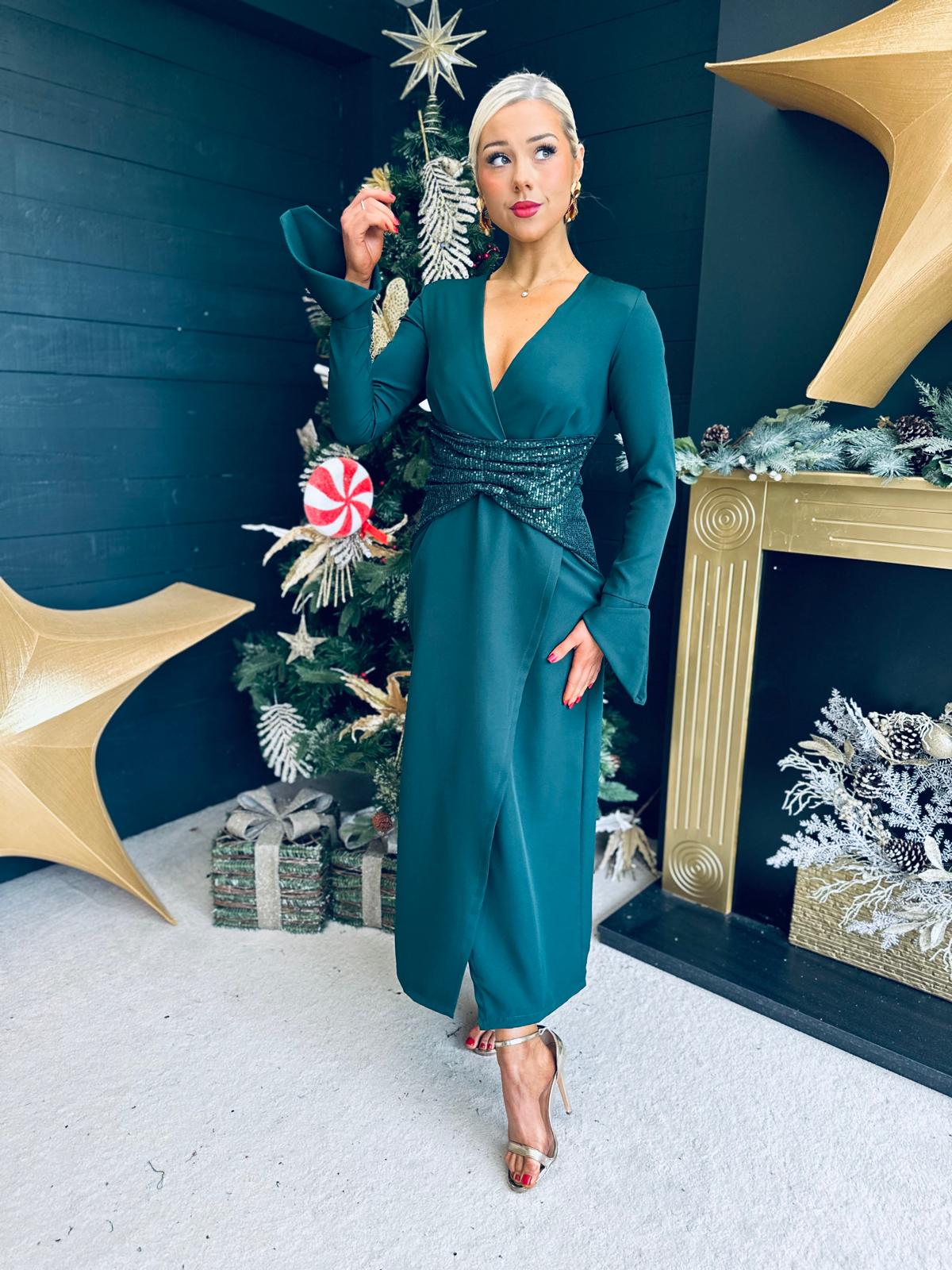 Cassandra Sequin Detail Occasion Dress Forest