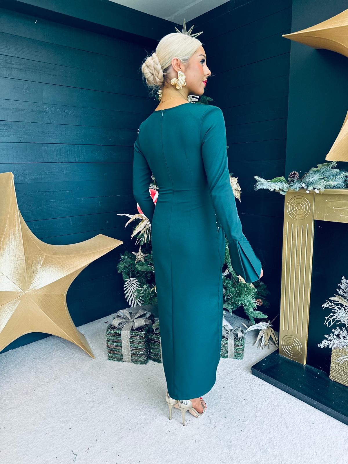 Cassandra Sequin Detail Occasion Dress Forest