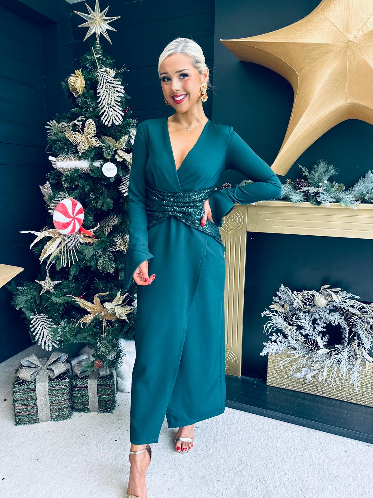 Cassandra Sequin Detail Occasion Dress Forest