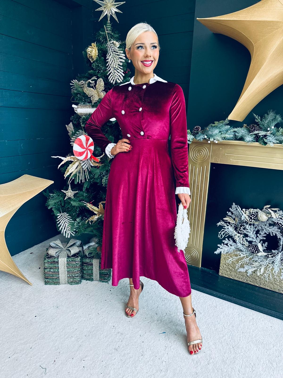Nancy Detailed Velvet Dress Burgundy