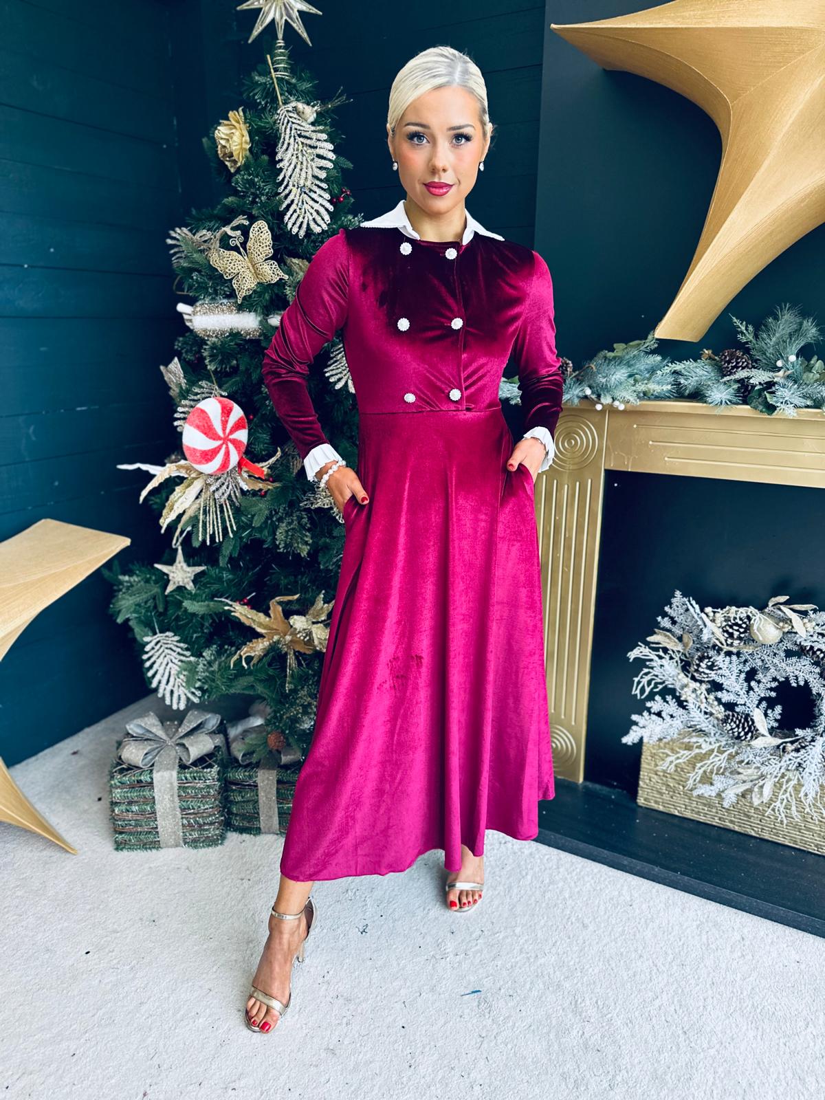 Nancy Detailed Velvet Dress Burgundy