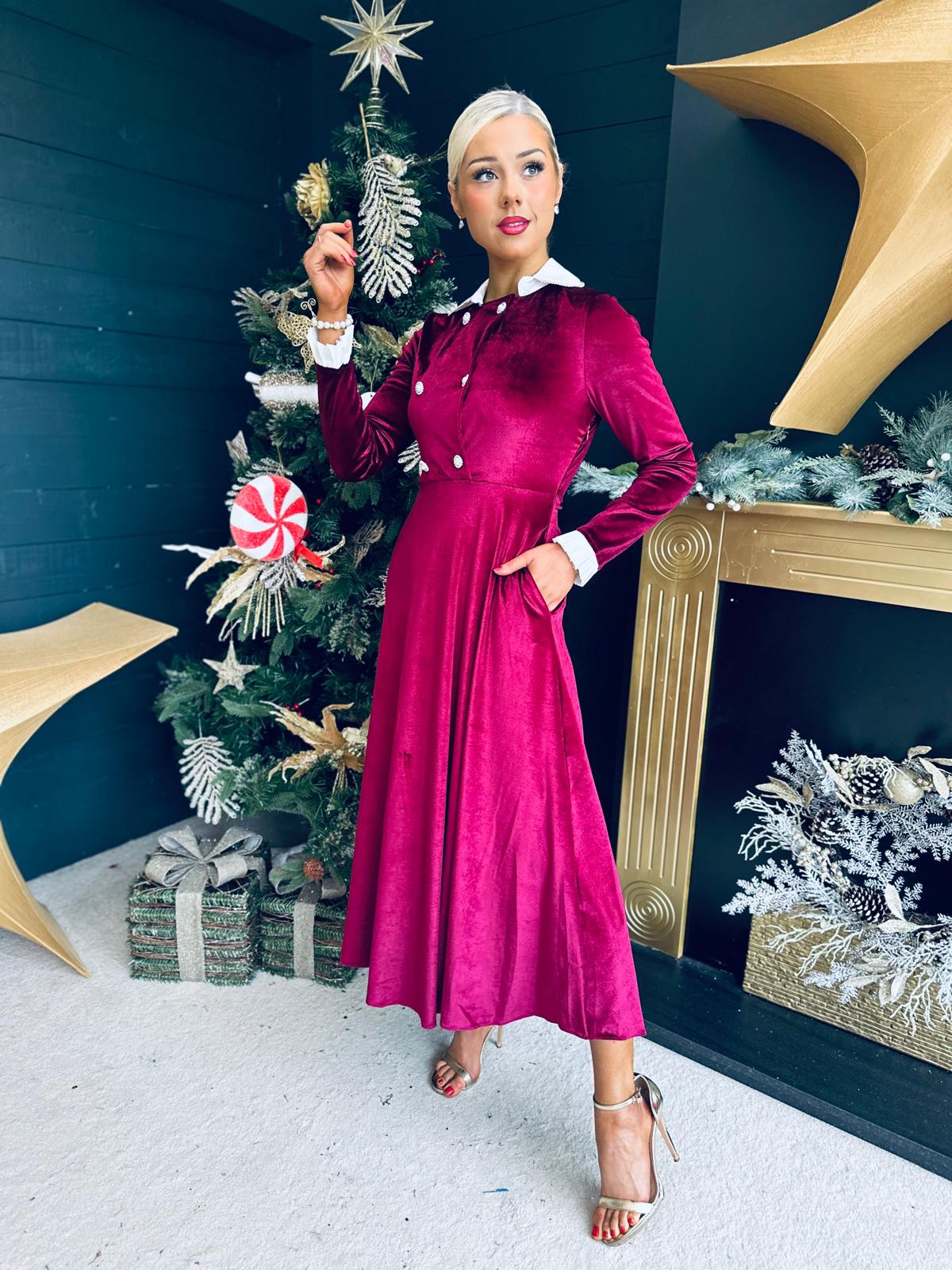 Nancy Detailed Velvet Dress Burgundy