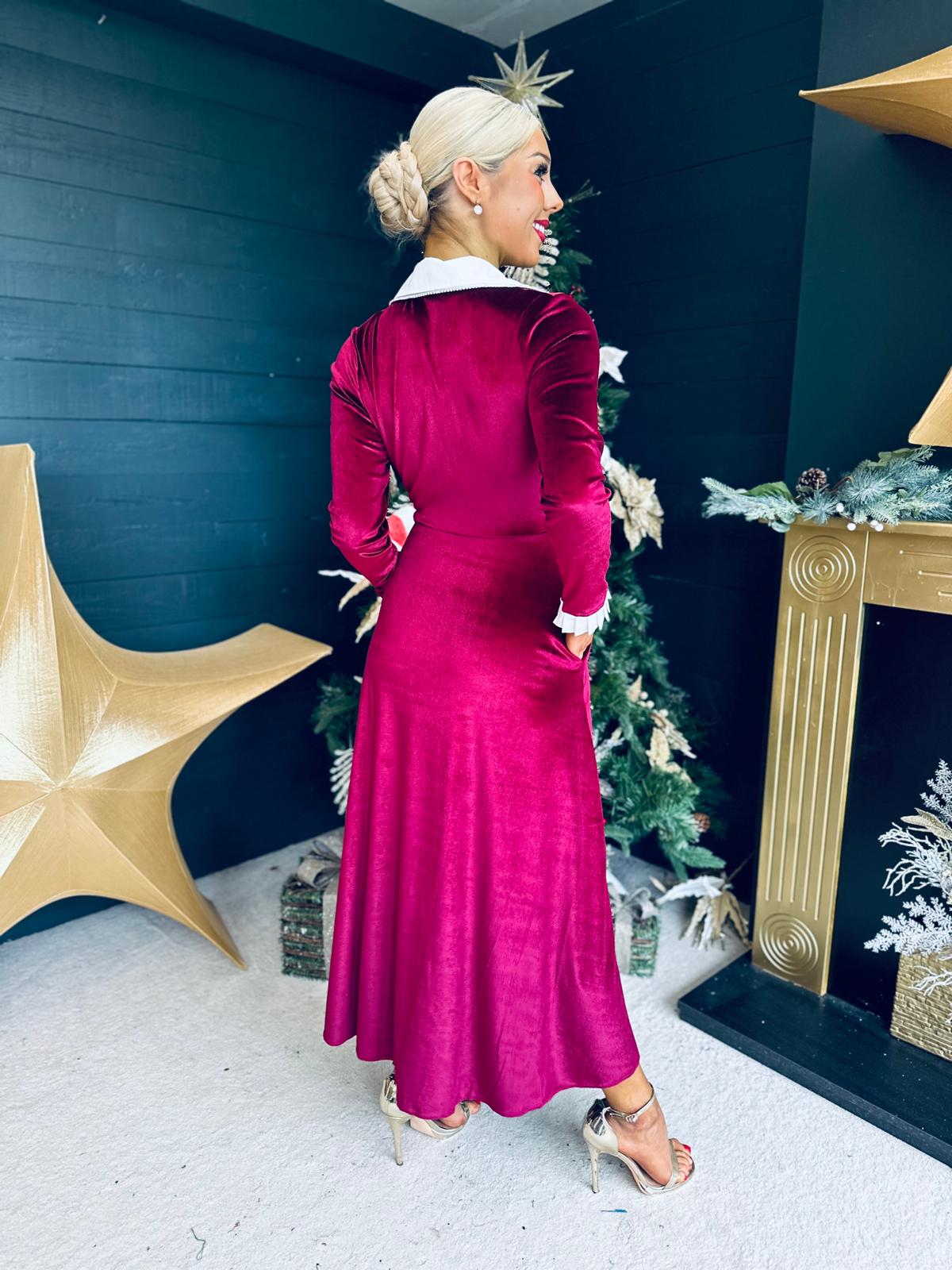 Nancy Detailed Velvet Dress Burgundy