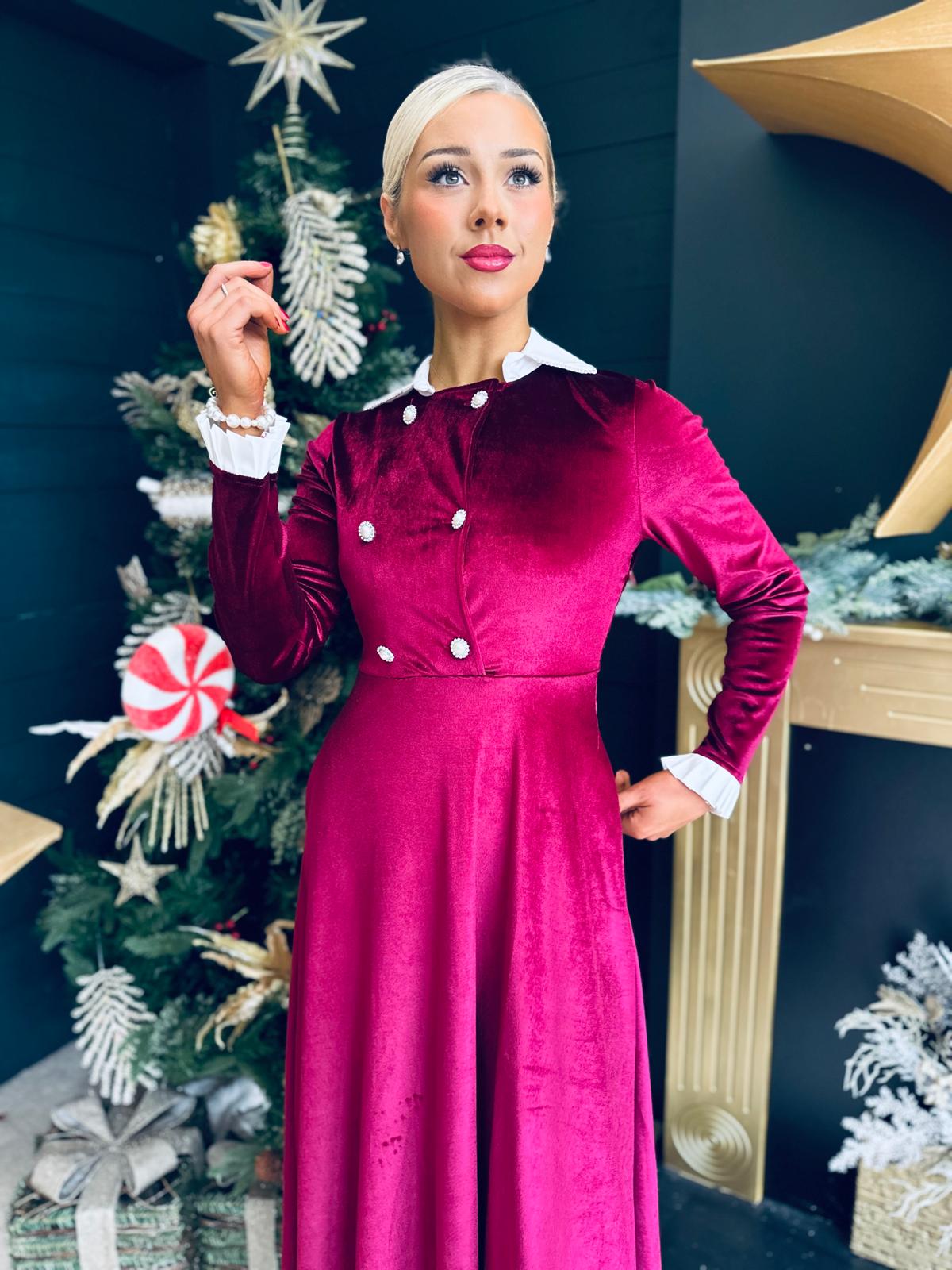 Nancy Detailed Velvet Dress Burgundy