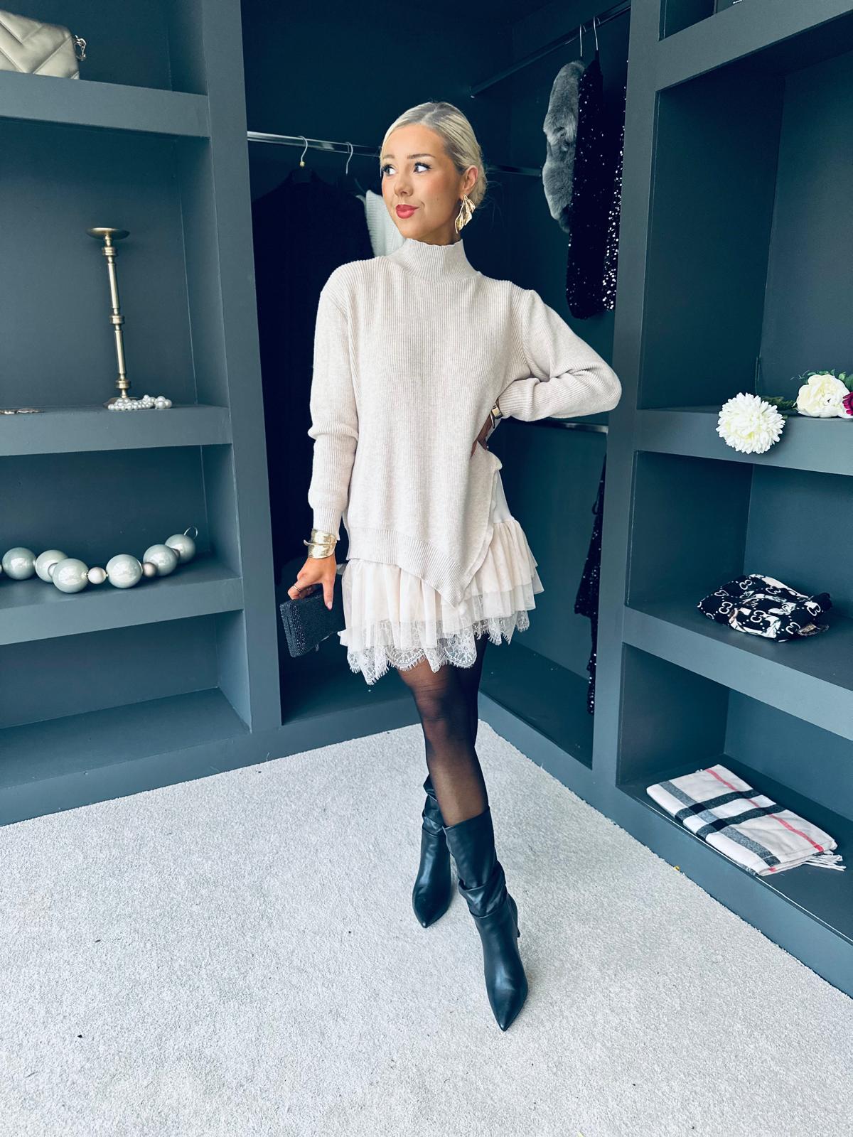 Gina Knit & Lace Mini Dress Cream