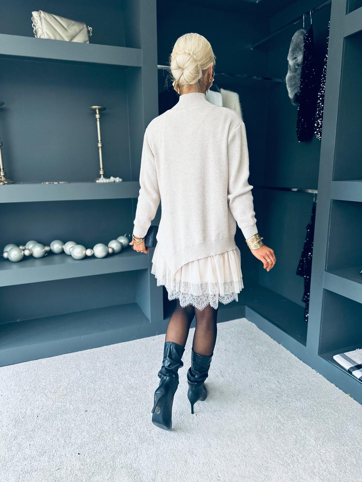 Gina Knit & Lace Mini Dress Cream