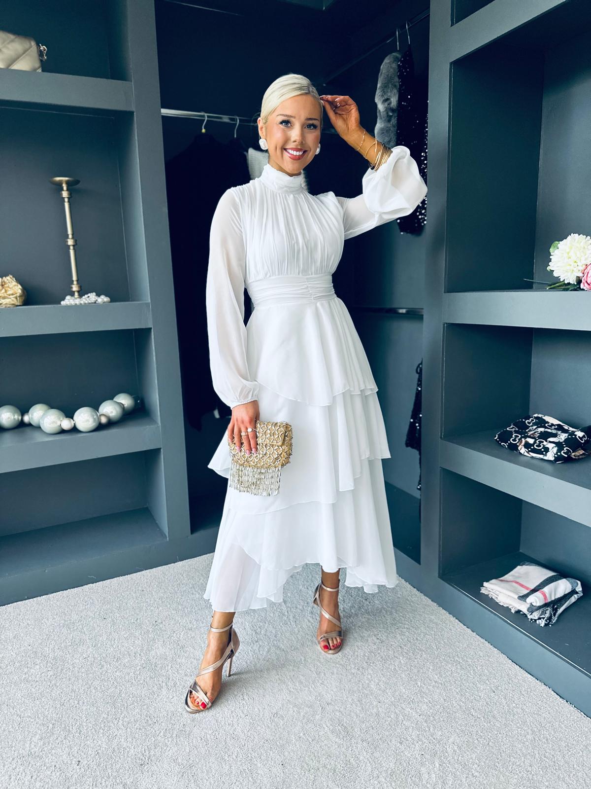 Remi Layered Occasion Midi Dress White