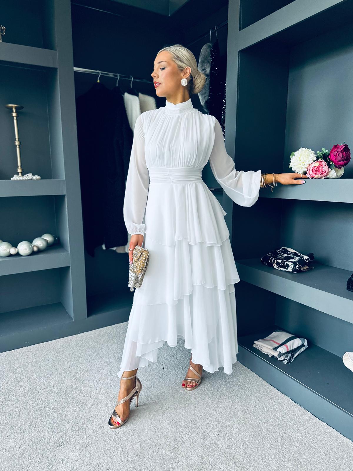 Remi Layered Occasion Midi Dress White