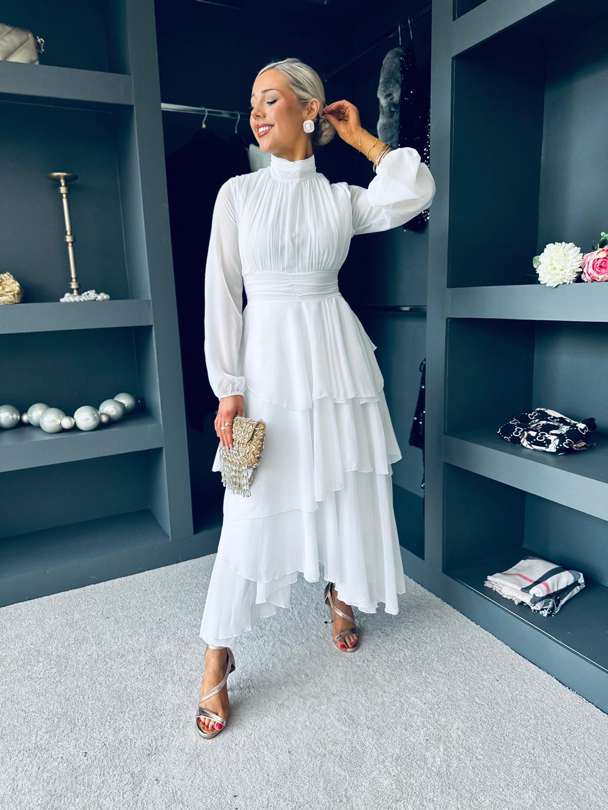 Remi Layered Occasion Midi Dress White