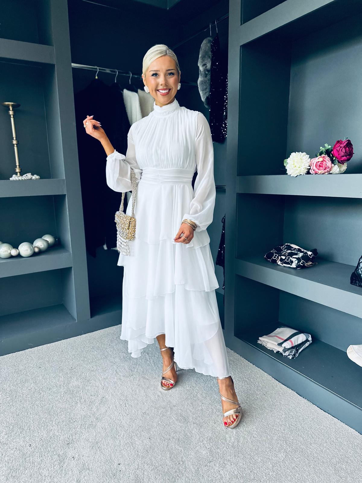 Remi Layered Occasion Midi Dress White
