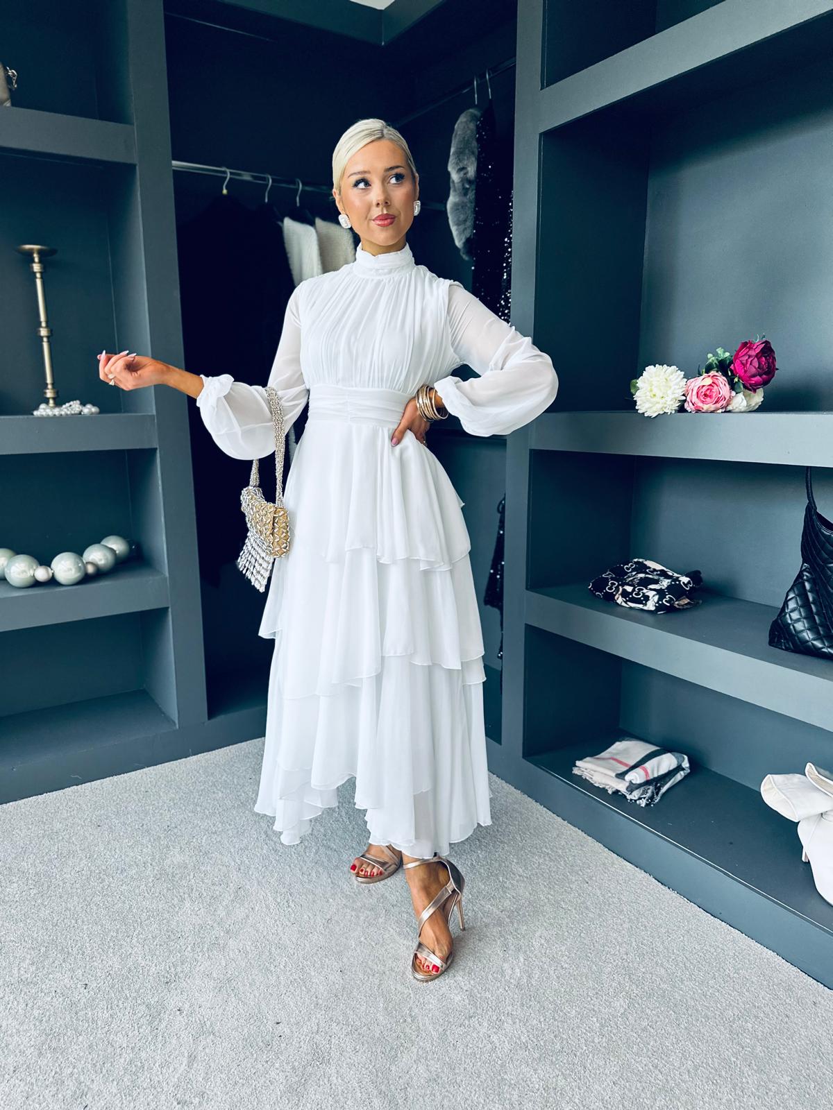 Remi Layered Occasion Midi Dress White