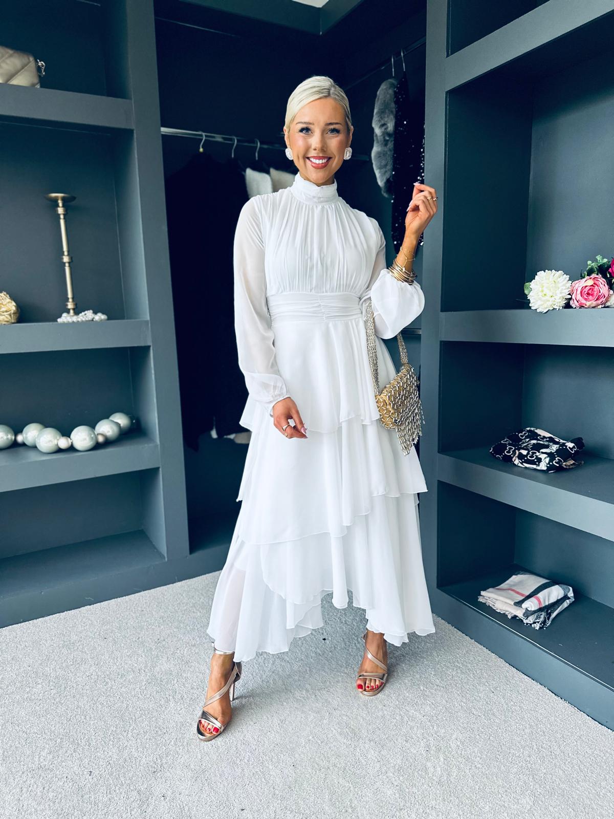 Remi Layered Occasion Midi Dress White