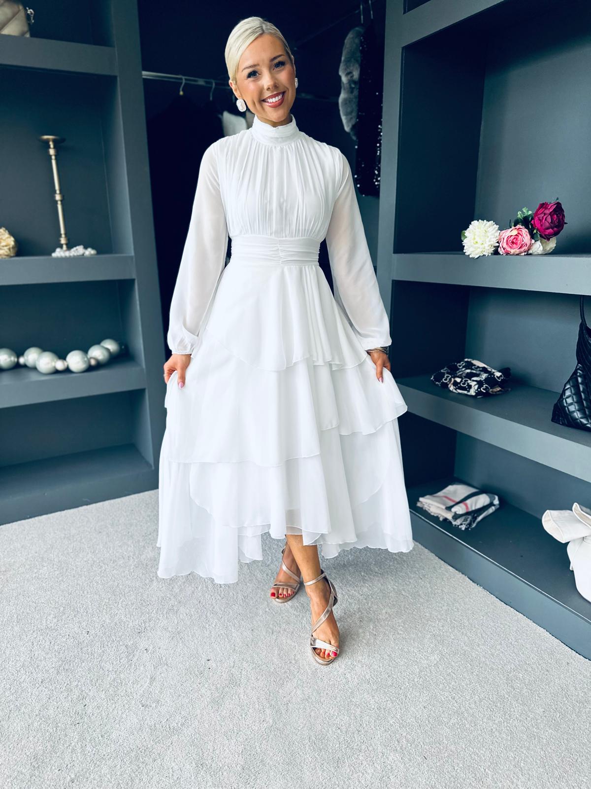 Remi Layered Occasion Midi Dress White