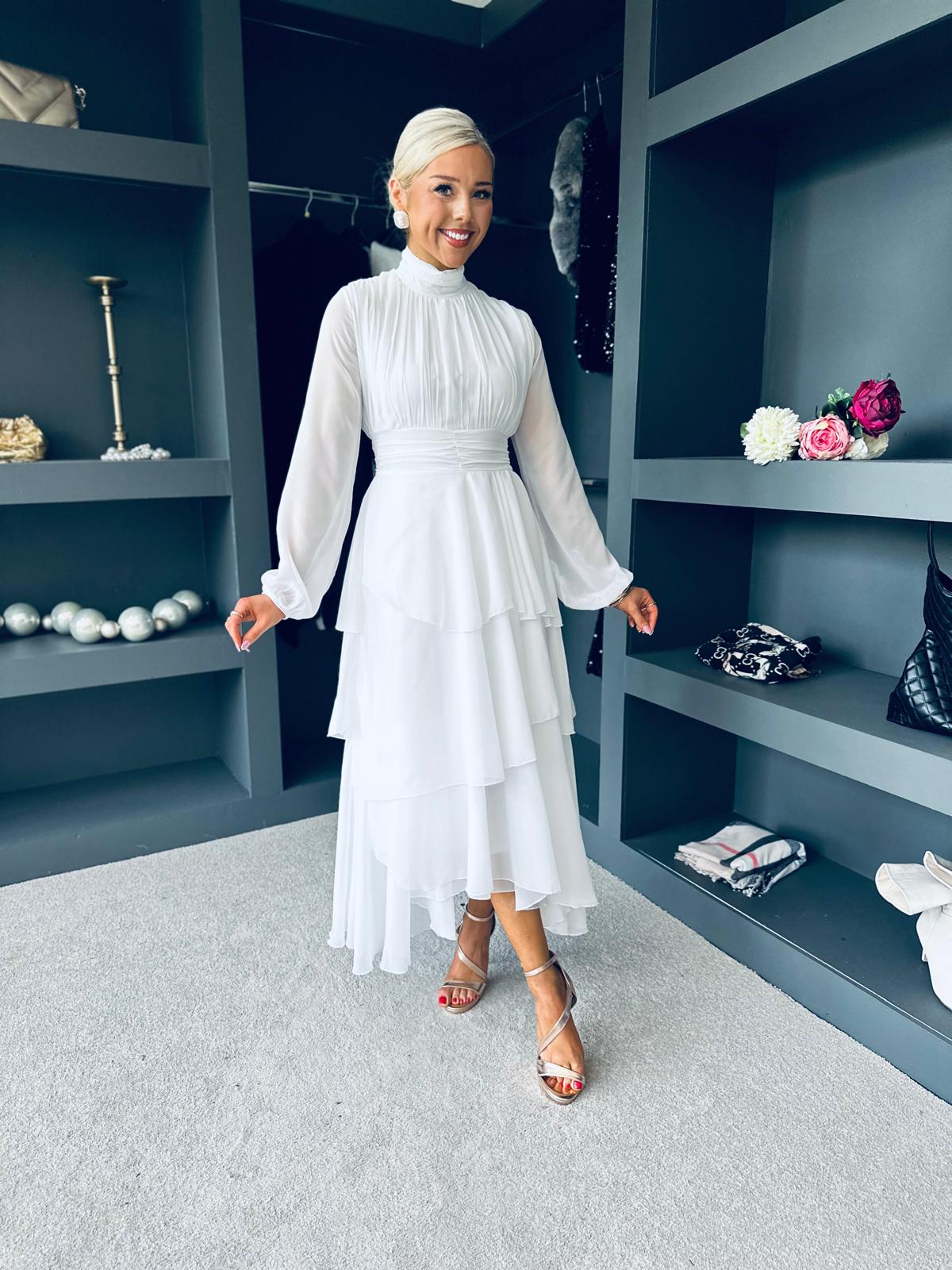 Remi Layered Occasion Midi Dress White