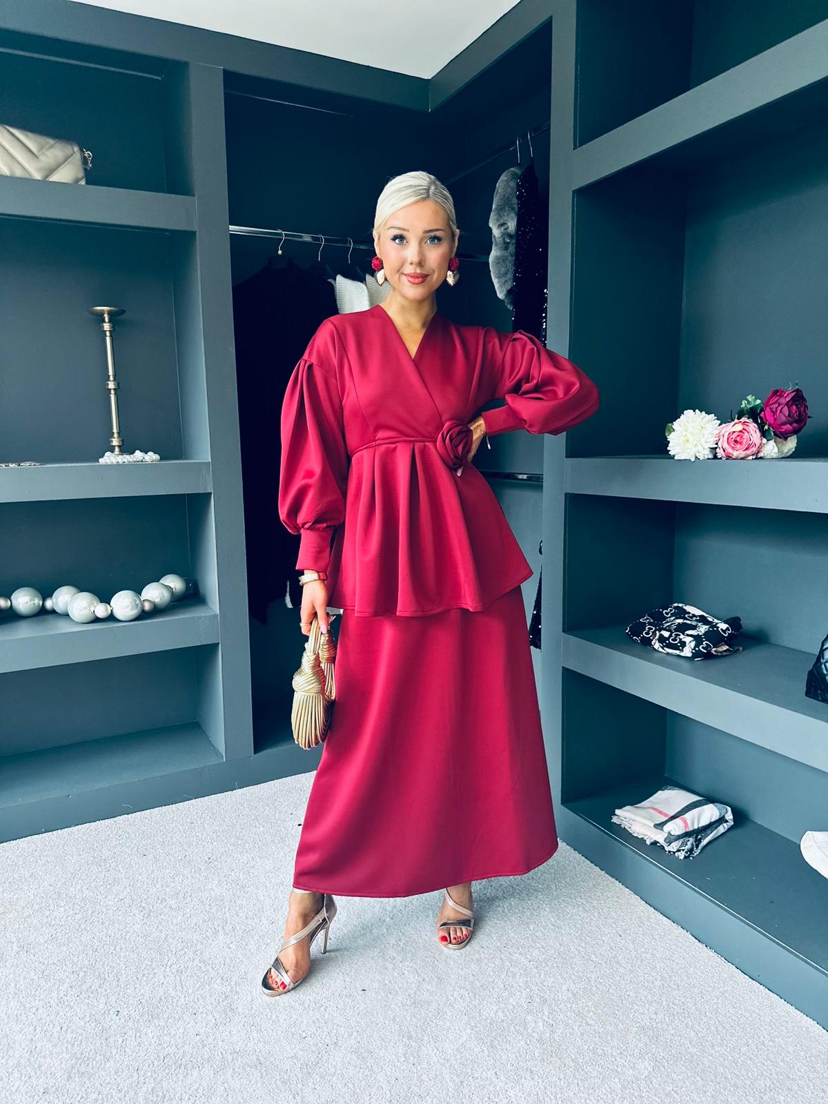 Paula 2 Piece Top & Skirt Set Wine