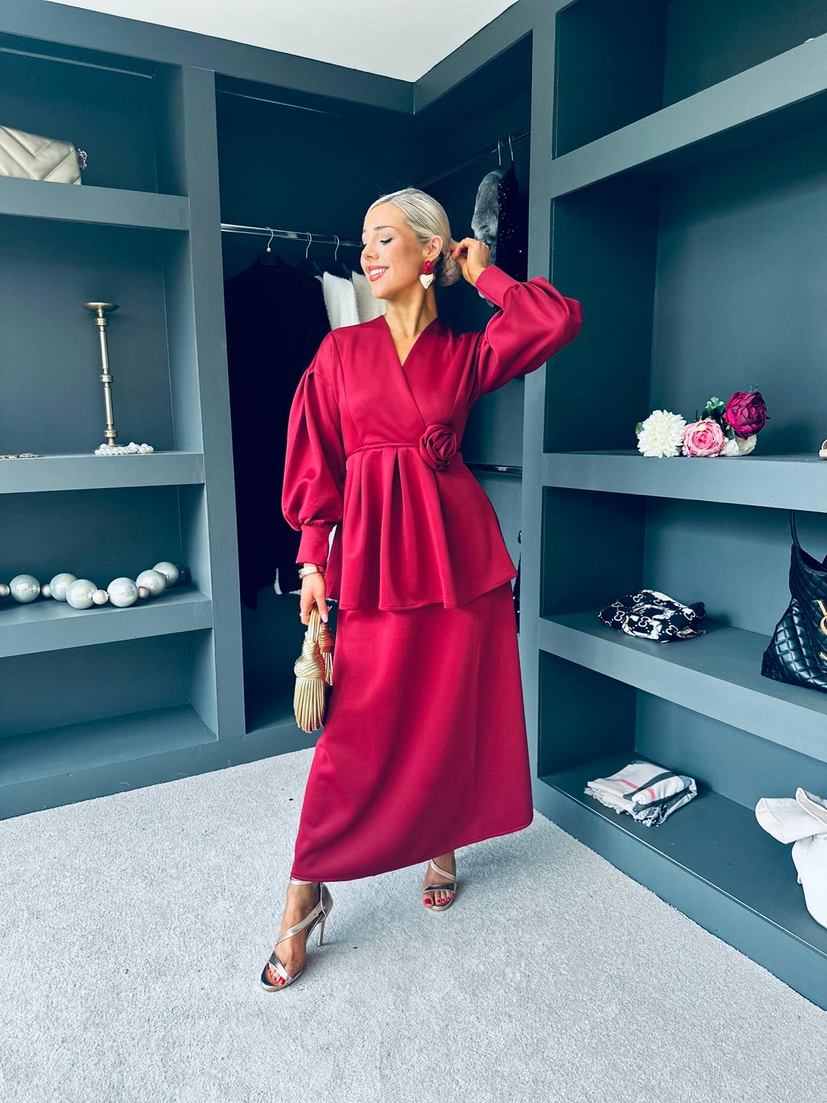 Paula 2 Piece Top & Skirt Set Wine