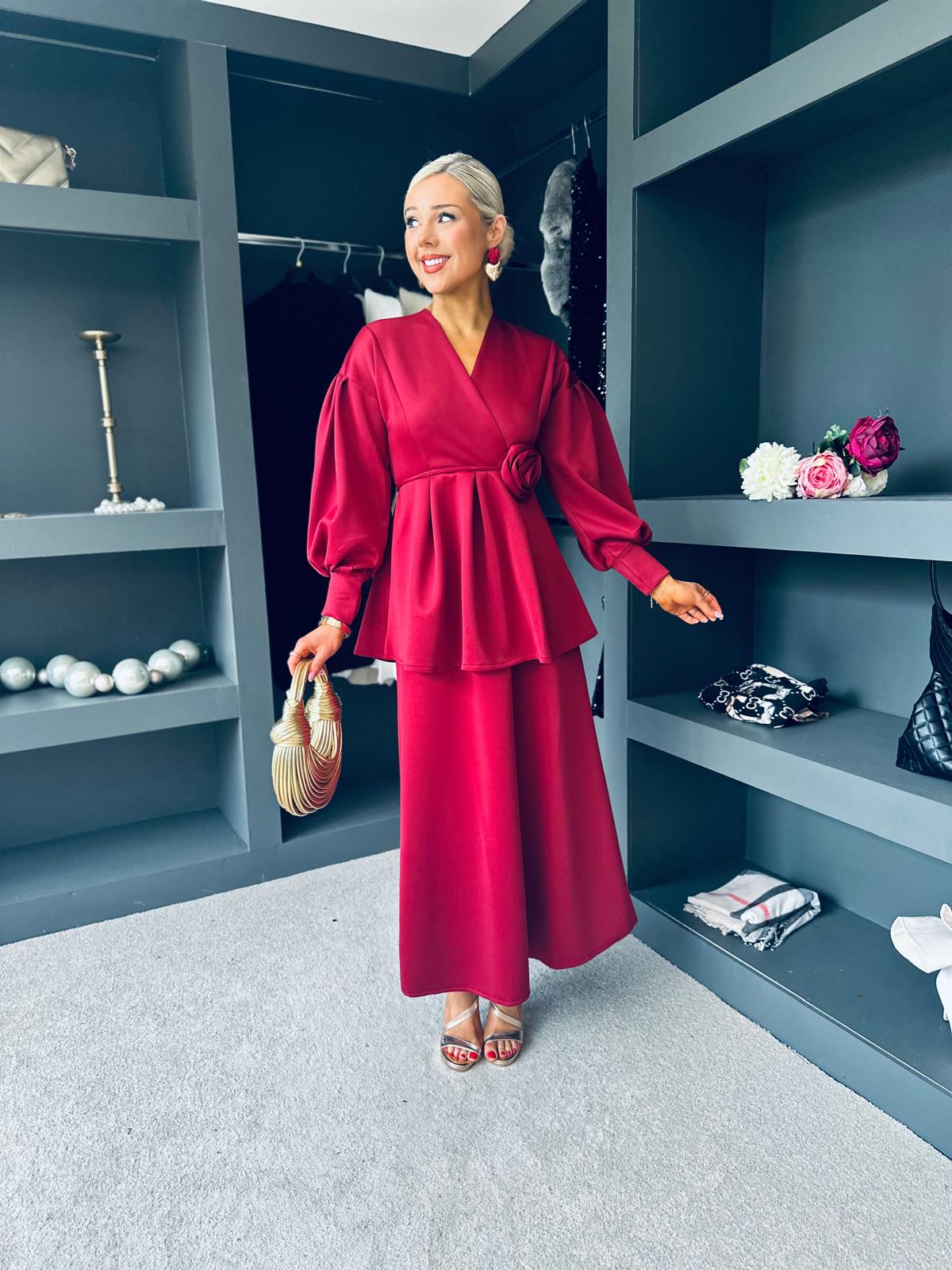 Paula 2 Piece Top & Skirt Set Wine